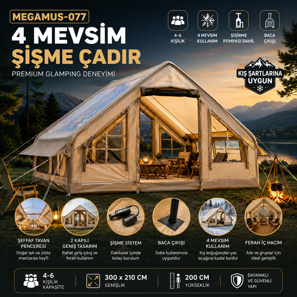 4-6 Kişilik 4 Mevsim Şişme Kamp Çadırı Şeffaf Tavan Pencereli 2 Kapılı Baca Çıkışlı MAKAMP-077