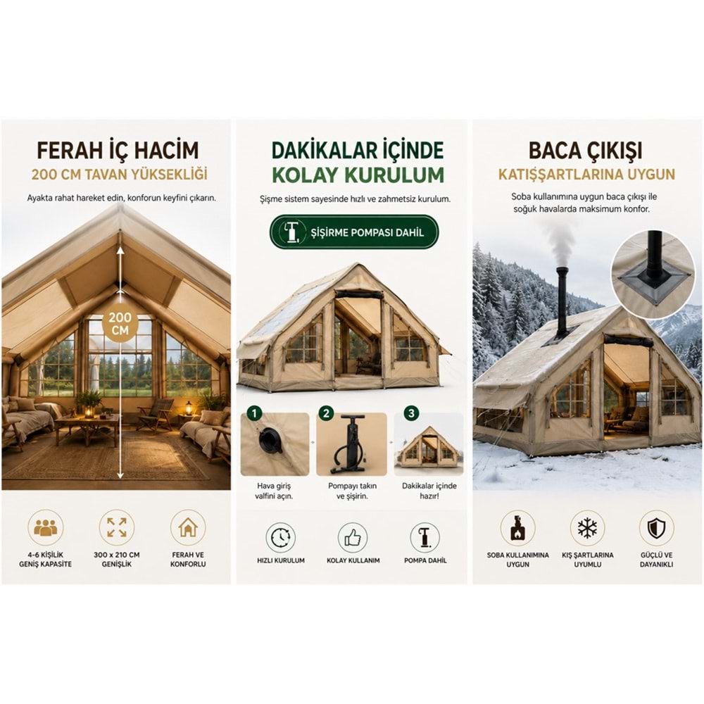 4-6 Kişilik 4 Mevsim Şişme Kamp Çadırı Şeffaf Tavan Pencereli 2 Kapılı Baca Çıkışlı MAKAMP-077