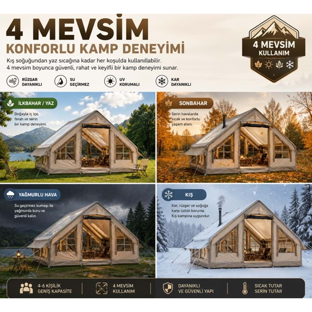 4-6 Kişilik 4 Mevsim Şişme Kamp Çadırı Şeffaf Tavan Pencereli 2 Kapılı Baca Çıkışlı MAKAMP-077