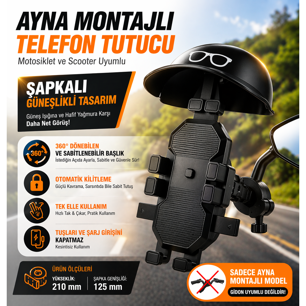 Ayna Montajlı Şapkalı Motosiklet Telefon Tutucu 360° Sabit Scooter Uyumlu Güneşlikli AL4590