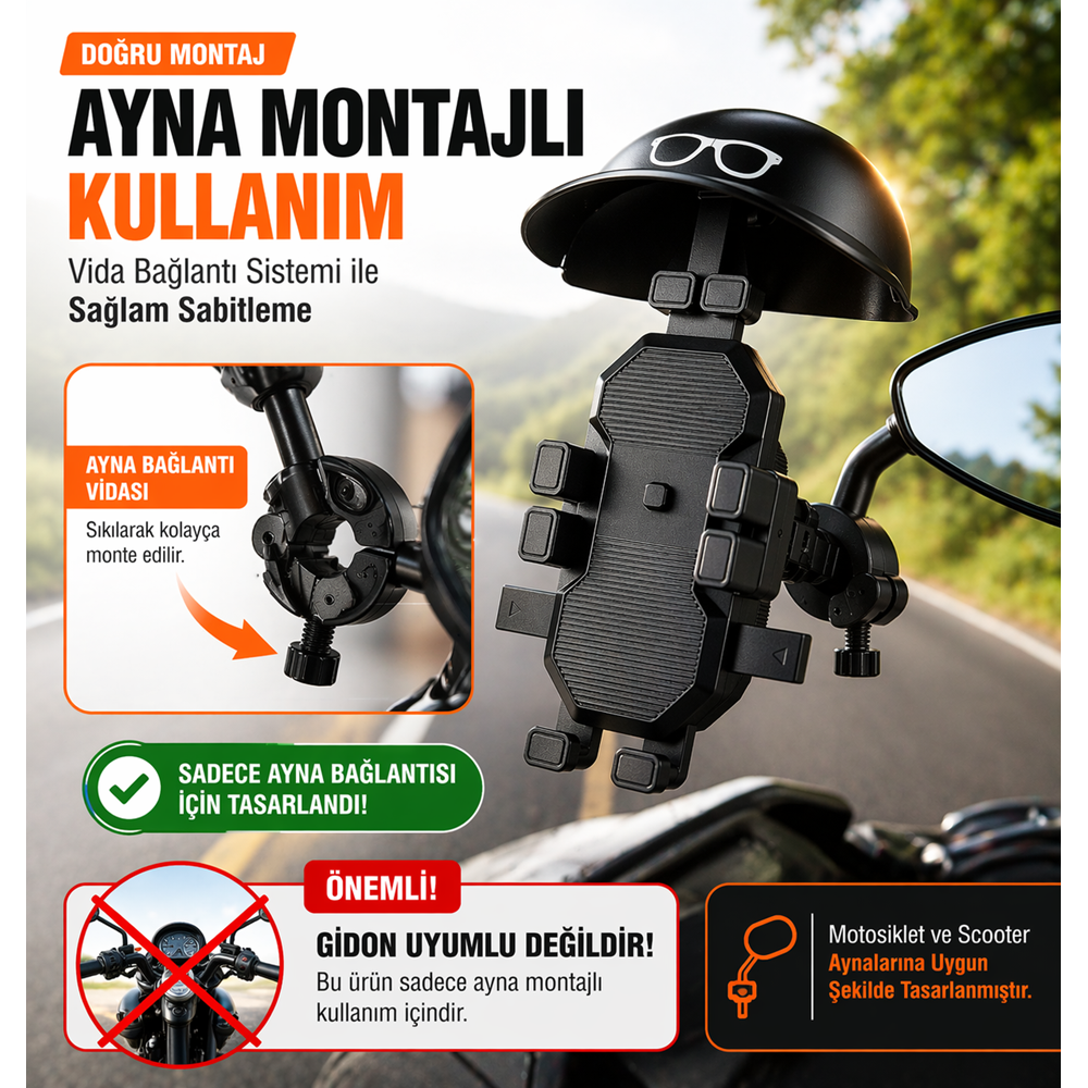 Ayna Montajlı Şapkalı Motosiklet Telefon Tutucu 360° Sabit Scooter Uyumlu Güneşlikli AL4590