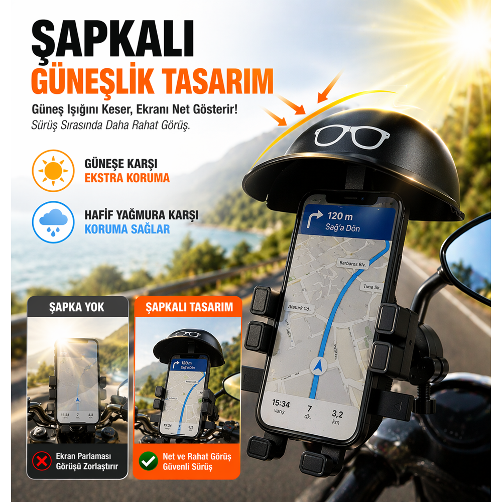 Ayna Montajlı Şapkalı Motosiklet Telefon Tutucu 360° Sabit Scooter Uyumlu Güneşlikli AL4590