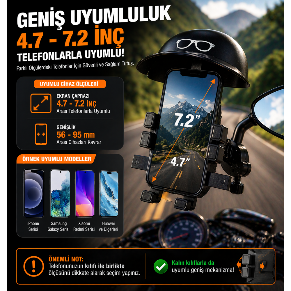 Ayna Montajlı Şapkalı Motosiklet Telefon Tutucu 360° Sabit Scooter Uyumlu Güneşlikli AL4590