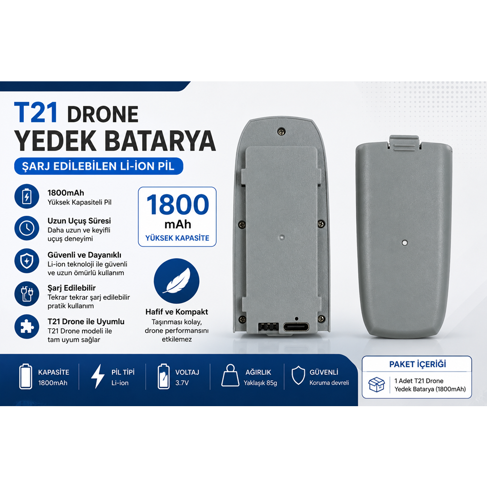 T21 Drone Yedek Batarya 1800mAh Şarj Edilebilir Li-ion Pil (1 Adet)