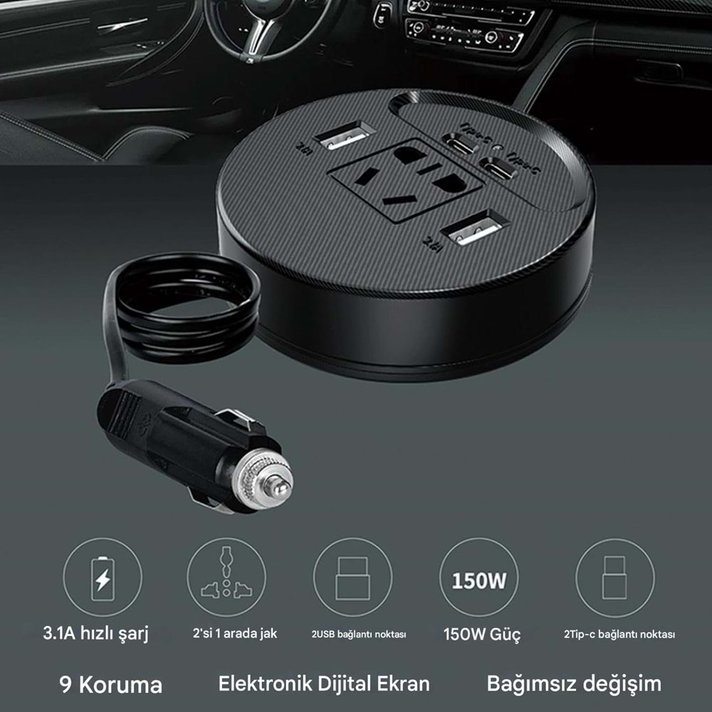 Araç için Güç İnvertörü Fiş Adaptörü 2USB 2 Type-C Portlu İnvertör Taşınabilir Fiş Dönüştürücü