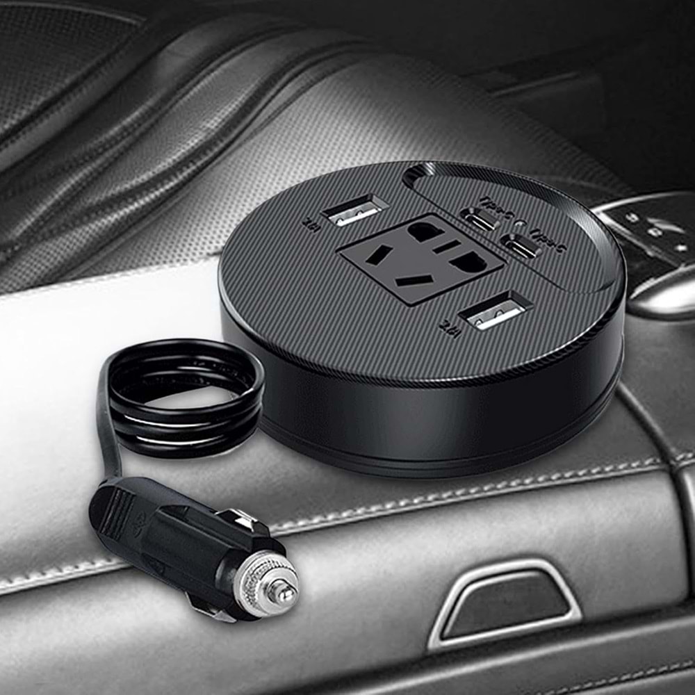 Araç için Güç İnvertörü Fiş Adaptörü 2USB 2 Type-C Portlu İnvertör Taşınabilir Fiş Dönüştürücü