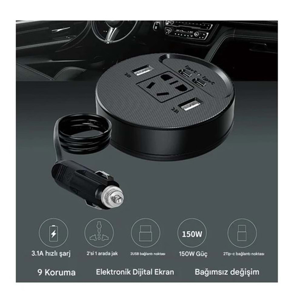 Araç Için Güç Invertörü Fiş Adaptörü 2usb 2 Type-C Portlu Invertör Taşınabilir Fiş Dönüştürücü