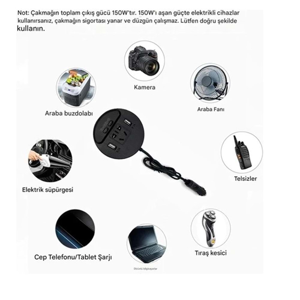 Araç Için Güç Invertörü Fiş Adaptörü 2usb 2 Type-C Portlu Invertör Taşınabilir Fiş Dönüştürücü