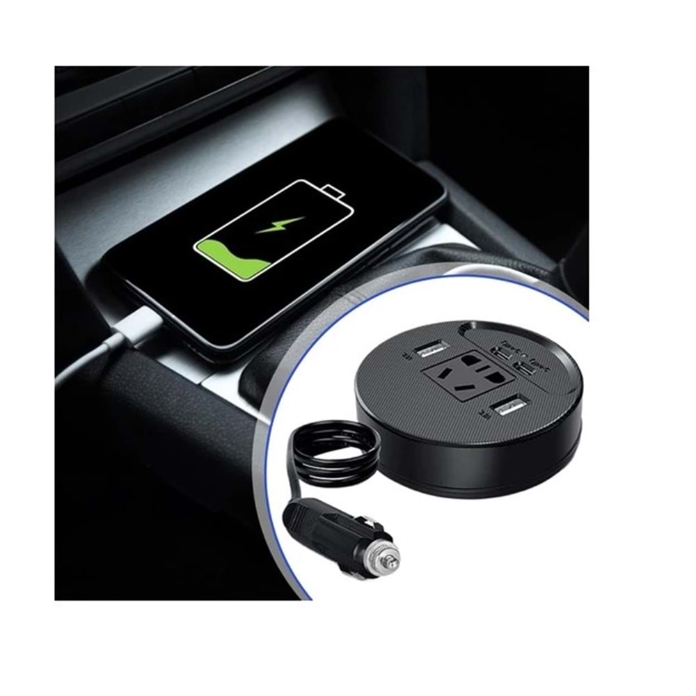 Araç Için Güç Invertörü Fiş Adaptörü 2usb 2 Type-C Portlu Invertör Taşınabilir Fiş Dönüştürücü