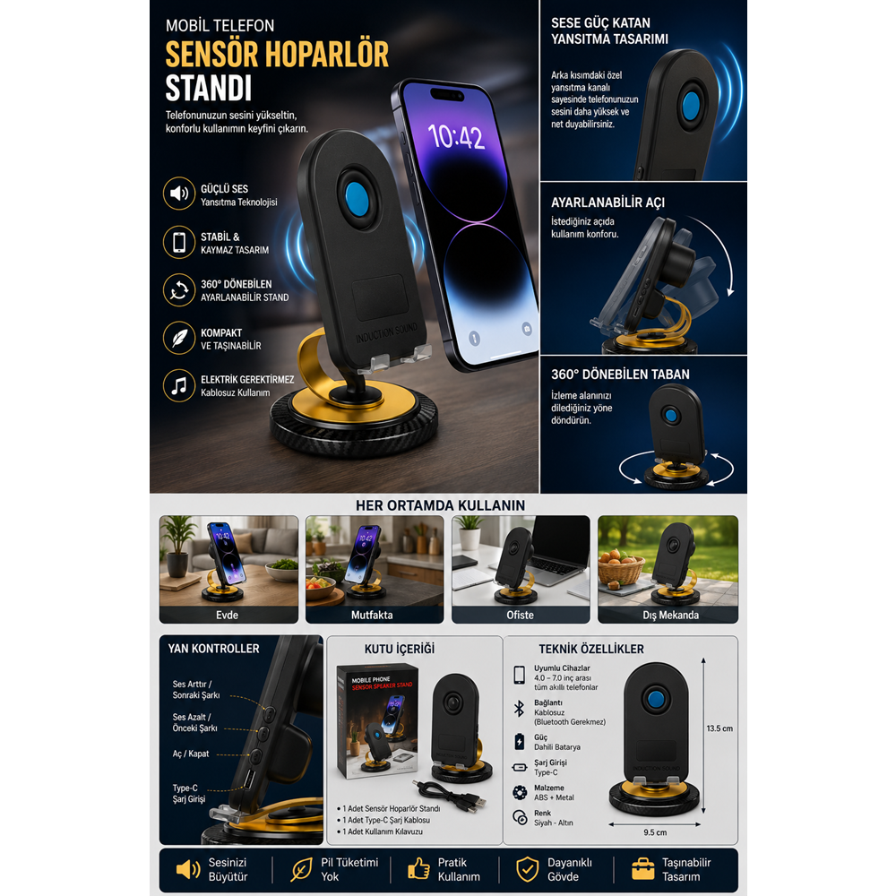H58 Bluetooth 5.3 & Ses Algılama Modlu RGB Hoparlörlü Telefon Standı