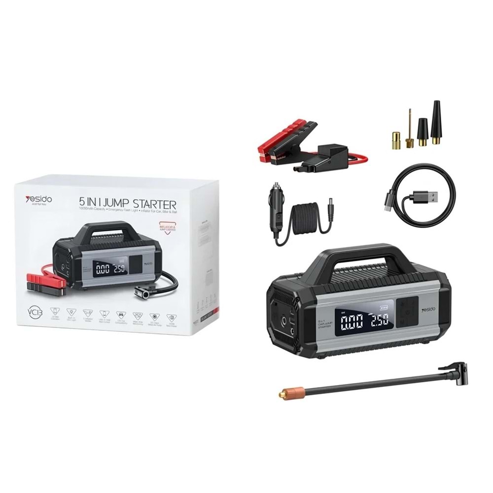MEGAMUS Yesido VC13 5in1 Araç Akü Acil Durum Takviye Güç Kaynağı ve Hava Kompresörü 12V 150W 10000m