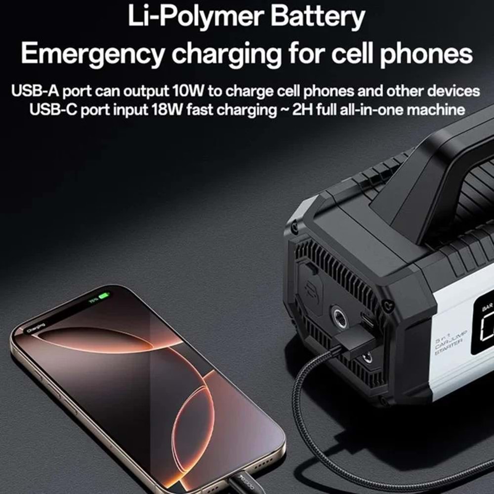 MEGAMUS Yesido VC13 5in1 Araç Akü Acil Durum Takviye Güç Kaynağı ve Hava Kompresörü 12V 150W 10000m