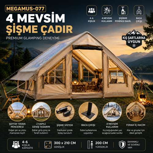 4-6 Kişilik 4 Mevsim Şişme Kamp Çadırı Şeffaf Tavan Pencereli 2 Kapılı Baca Çıkışlı MAKAMP-077