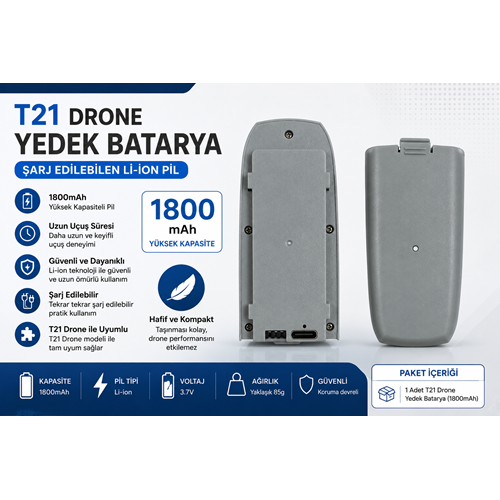 T21 Drone Yedek Batarya 1800mAh Şarj Edilebilir Li-ion Pil (1 Adet)