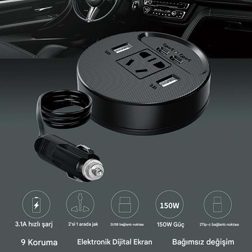 Araç için Güç İnvertörü Fiş Adaptörü 2USB 2 Type-C Portlu İnvertör Taşınabilir Fiş Dönüştürücü