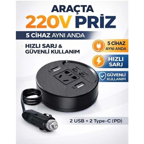 Araç Için Güç Invertörü Fiş Adaptörü 2usb 2 Type-C Portlu Invertör Taşınabilir Fiş Dönüştürücü
