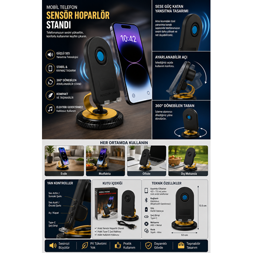 H58 Bluetooth 5.3 & Ses Algılama Modlu RGB Hoparlörlü Telefon Standı