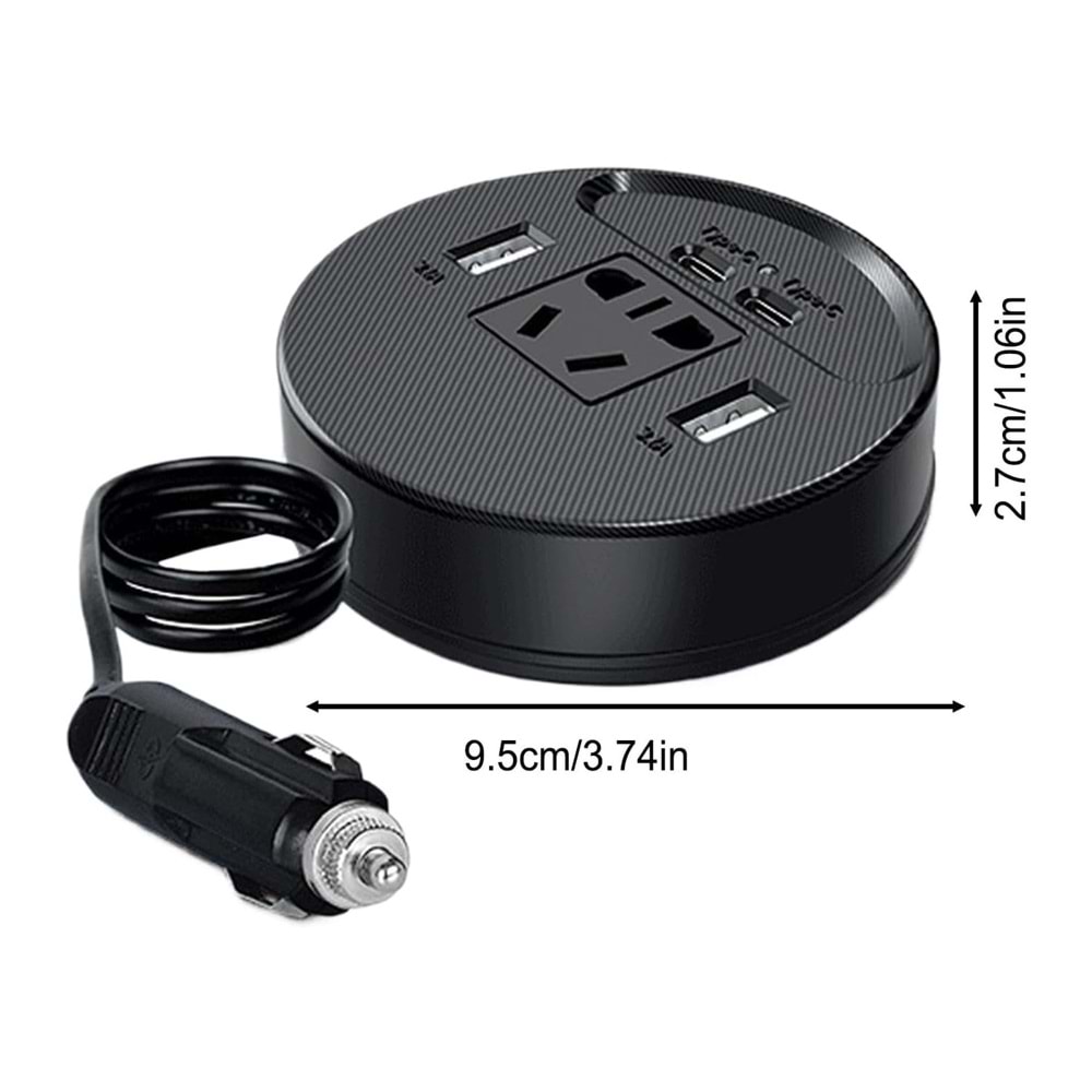 Araç için Güç İnvertörü Fiş Adaptörü 2USB 2 Type-C Portlu İnvertör Taşınabilir Fiş Dönüştürücü